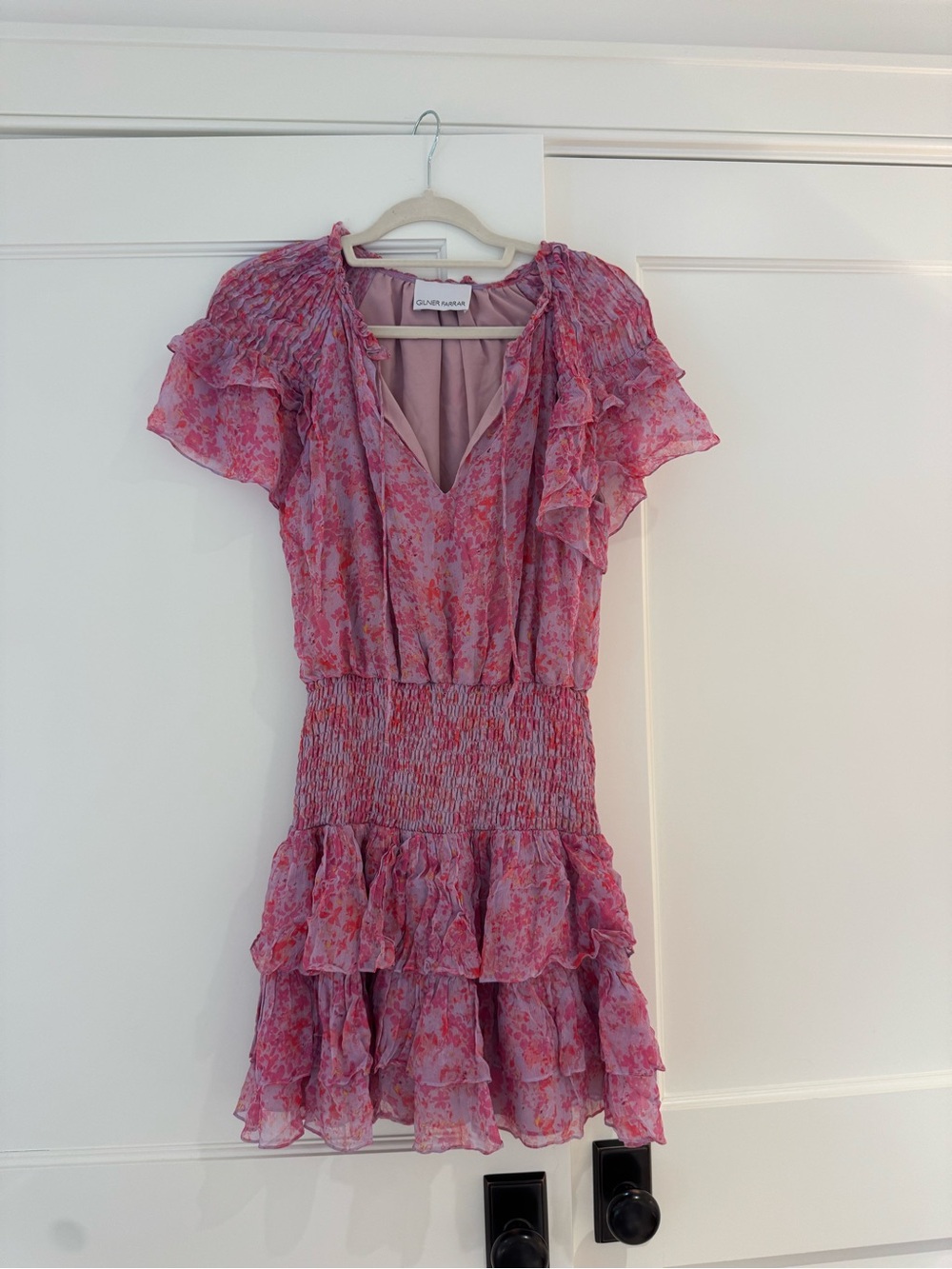 Gilner Farrar Pink Floral Ruffle Mini Dress with Smocked Waist